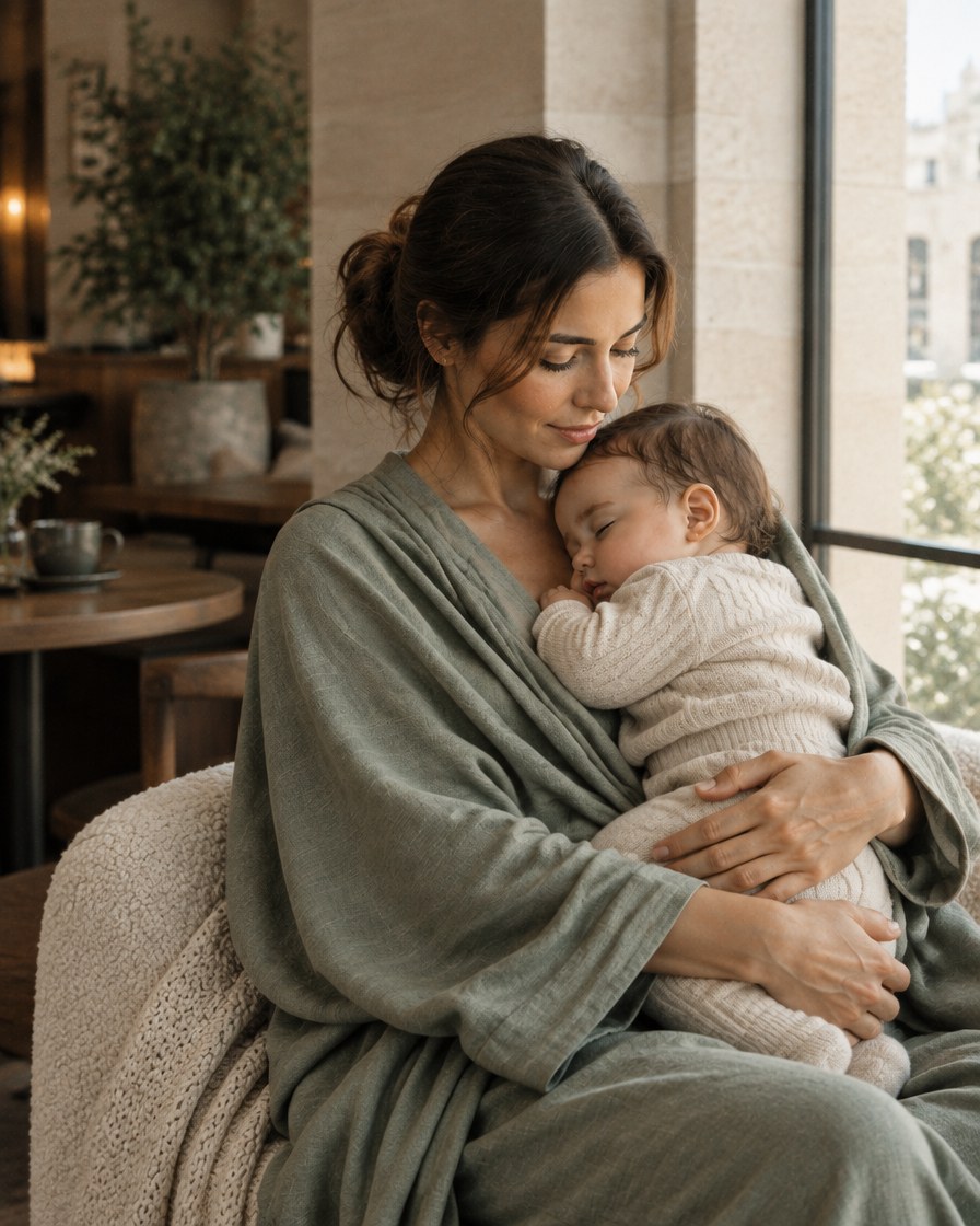 A mother cradling her sleeping baby in a quiet café.