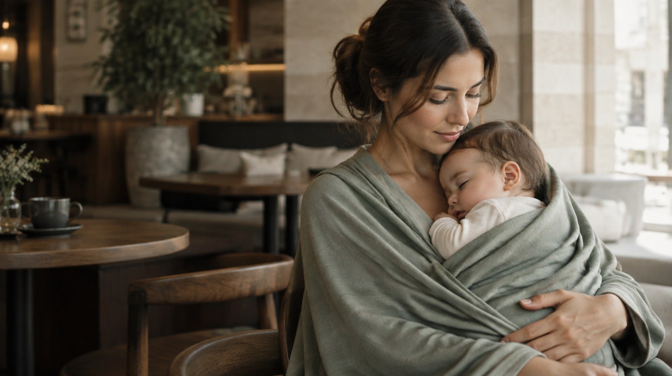 A mother cradling her sleeping baby within a sage cover at a quiet café.
